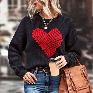 Heart Pattern Drop Shoulder Sweater S